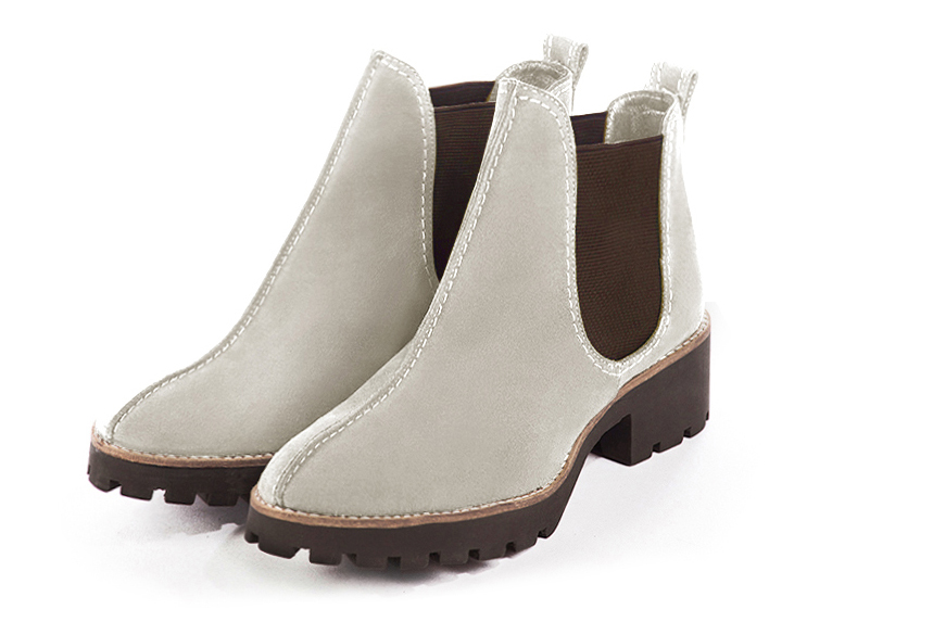 Women's off white and chocolate brown elegant Chelsea ankle boots, with side elastics. Round toe. Thick rubber soles - Front view